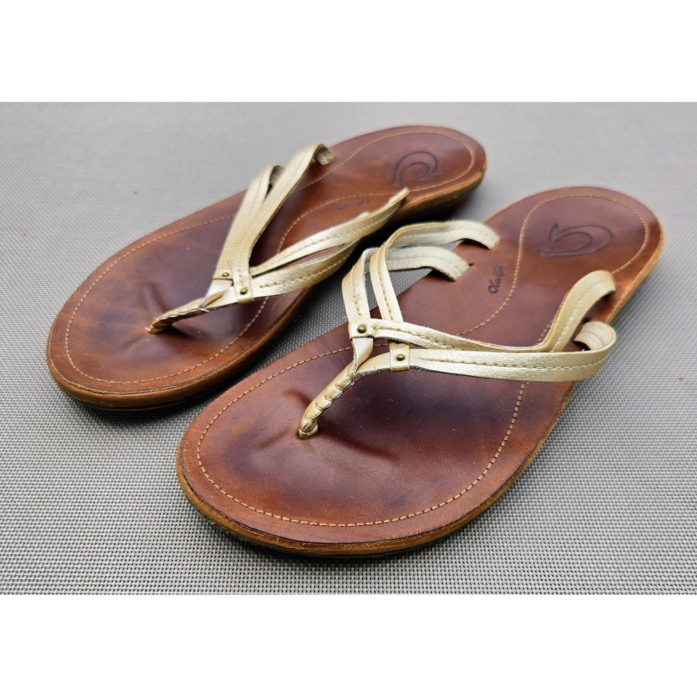 OLUKAI Kapehe Luana 2016 Gold Leather Flip-Flop Sandals US8/EU38 EUC